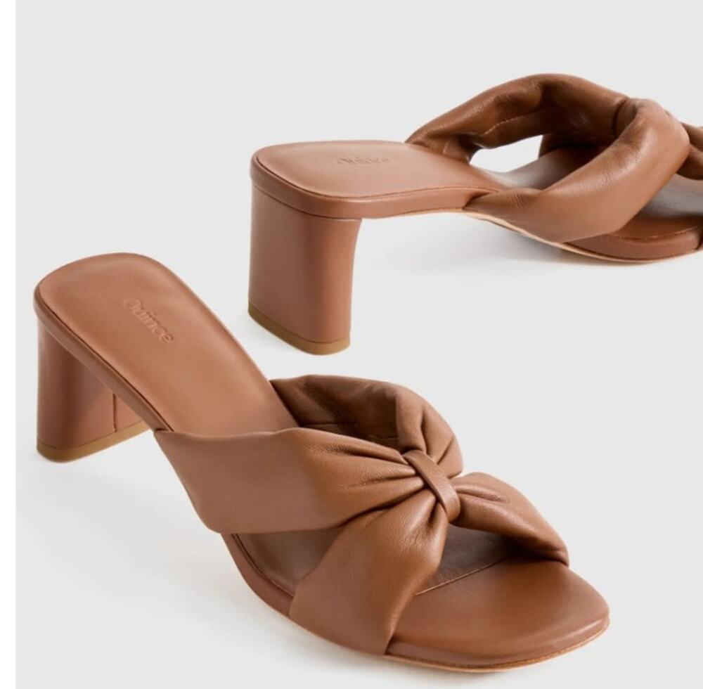Quince Women's 8  Italian Leather  Twist Mid Heel Mules Chunky Cognac Brown NEW